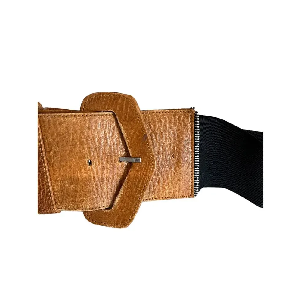 Vintage MZ Wide Leather Cinch Belt Whisky Brown Zipper Detail